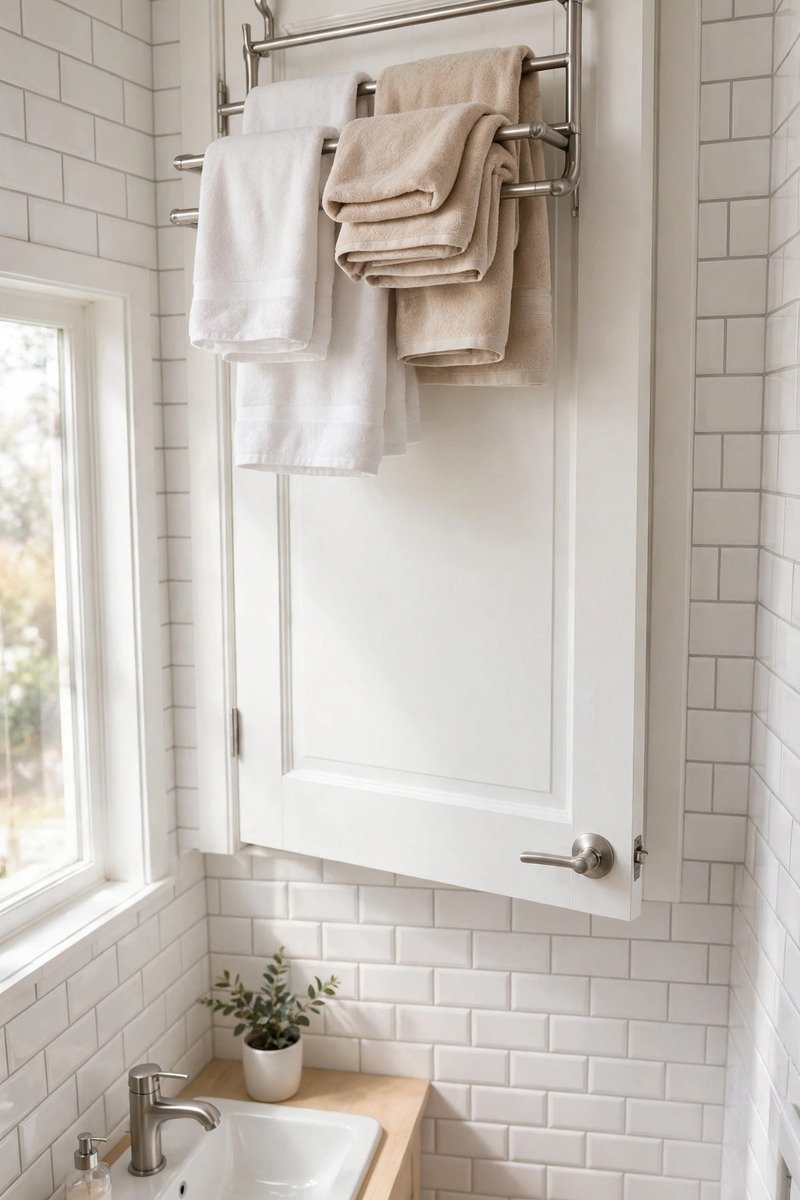 Over the door towel rack with towels in a small bathroom