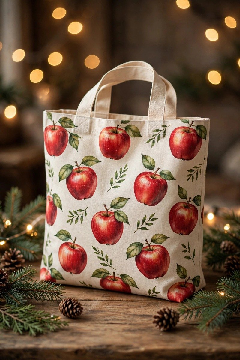 Canvas tote bag with red apple print