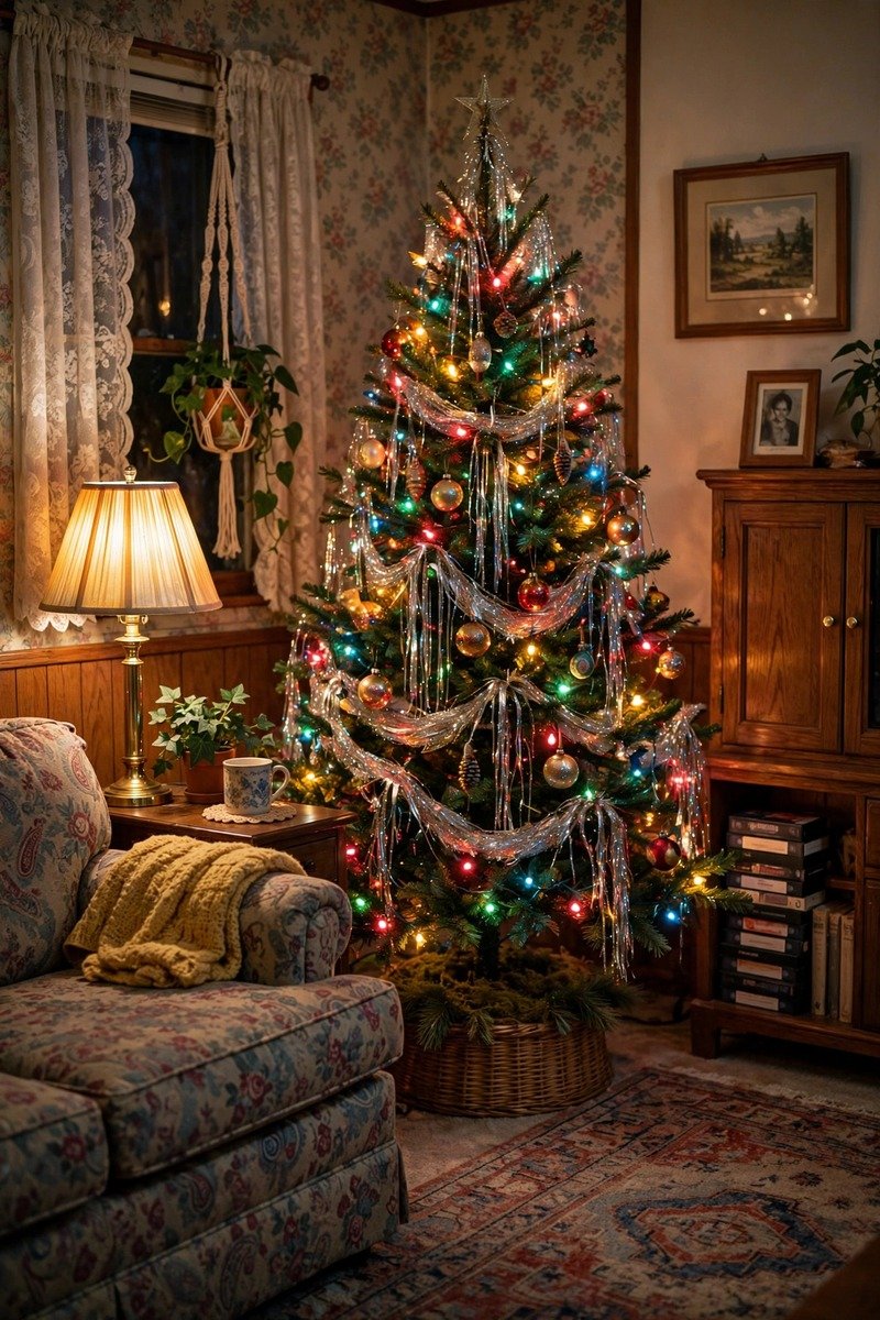Christmas tree with multicolor lights and tinsel, 90s style living room