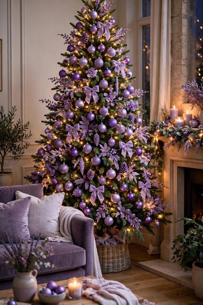 Full purple Christmas tree with violet and lavender ornaments in an elegant living room