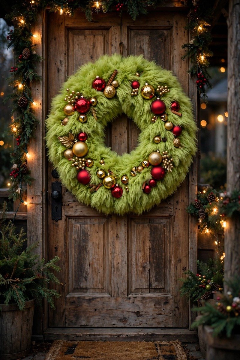 Fluffy lime green wreath with red bow and Grinch face ornament