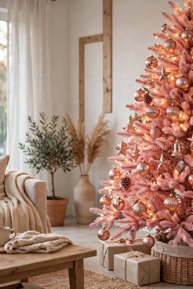 Blush pink Christmas tree with rose gold ornaments in a bright living room