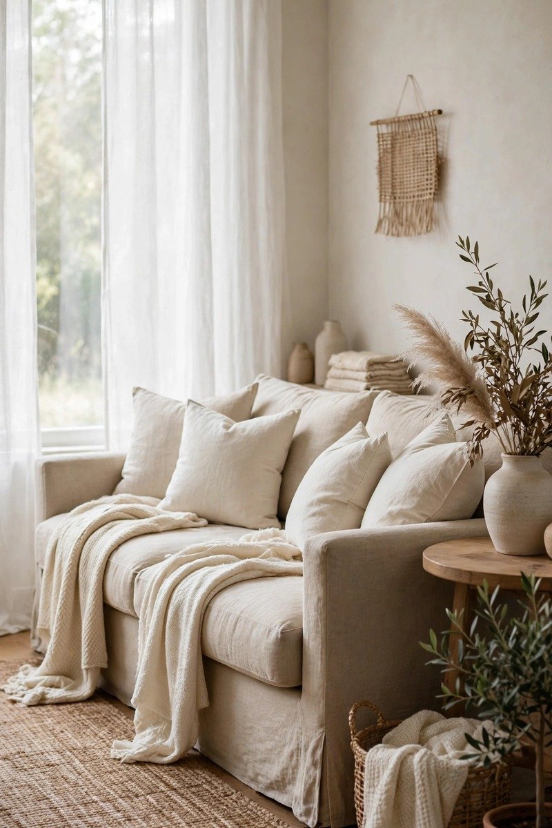 Neutral layered living room with beige sofa, cream throws, and textured pillows