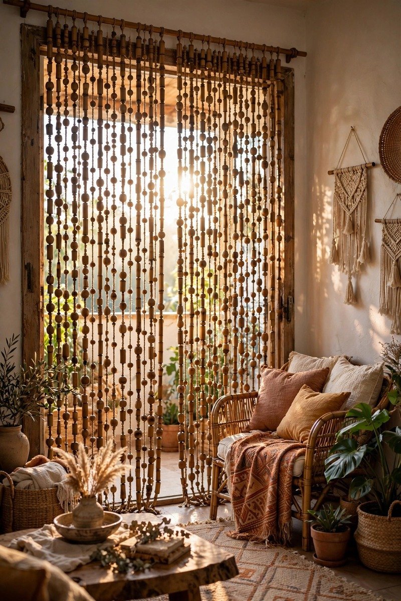 Classic natural bamboo beaded curtain hanging in a doorway