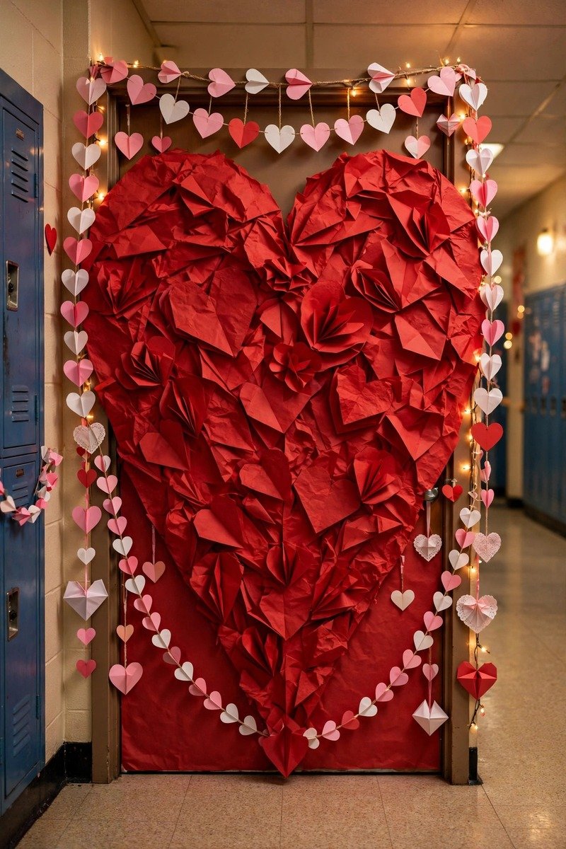 Classroom door covered with one giant red paper heart