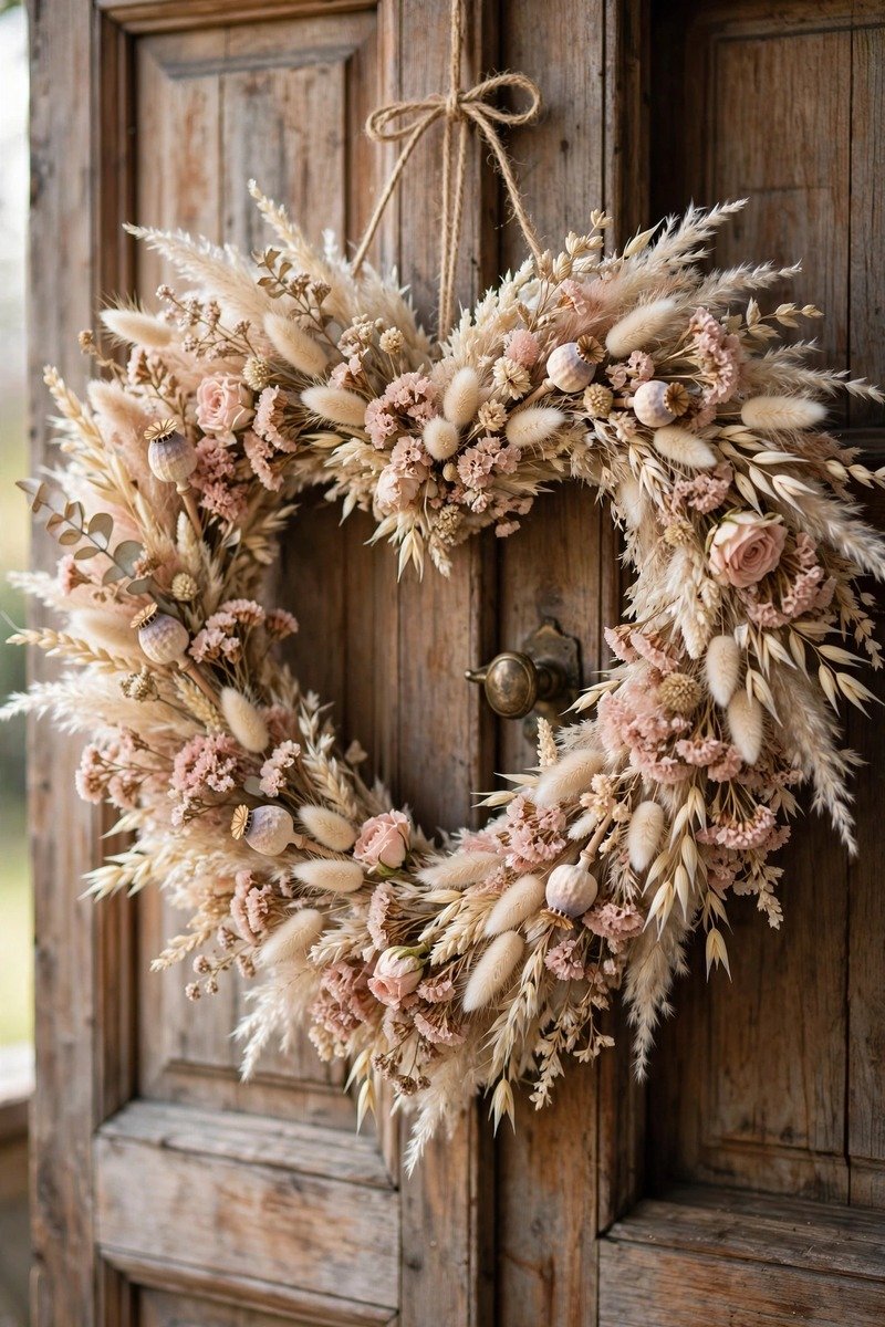 Heart-shaped wreath made of dried flowers on a door
