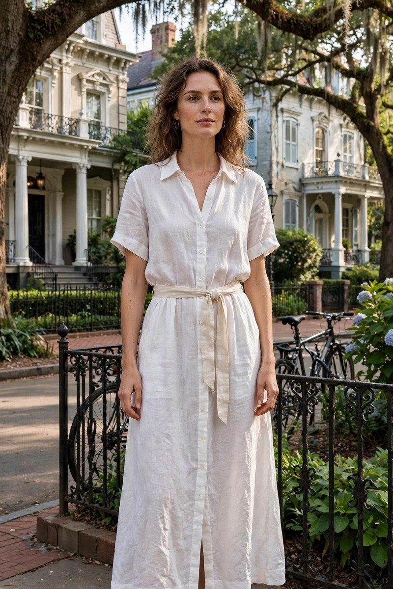 Woman in a white linen dress with sandals in a garden district street