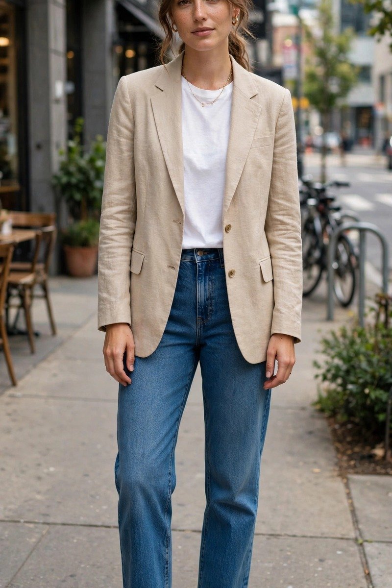 Woman in a beige blazer with white t-shirt, straight-leg jeans and white sneakers
