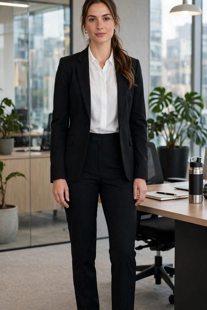 Woman in black blazer, white blouse, and tailored trousers