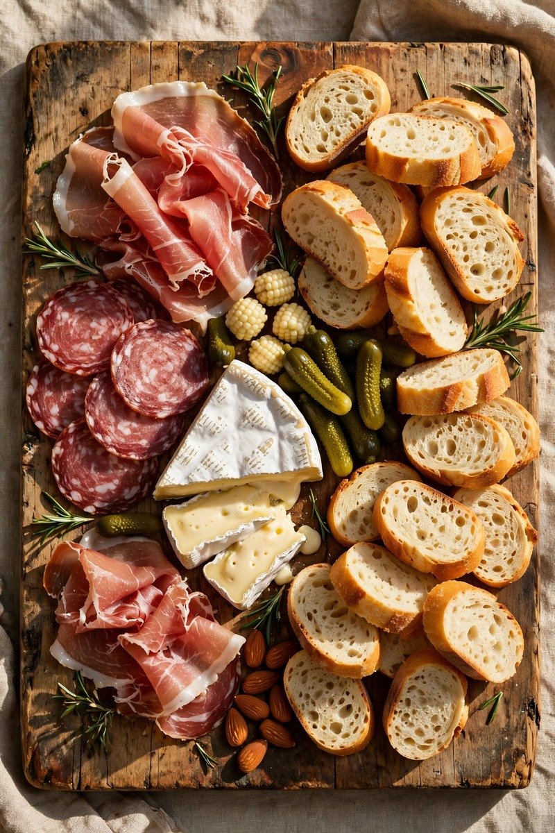Classic French charcuterie board with cured meats and Brie