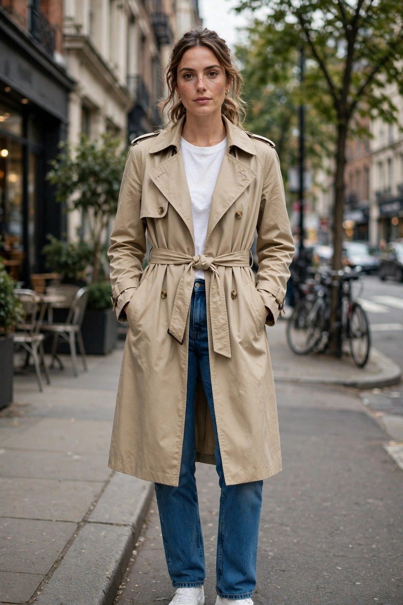 Woman in beige trench coat over white tee and jeans