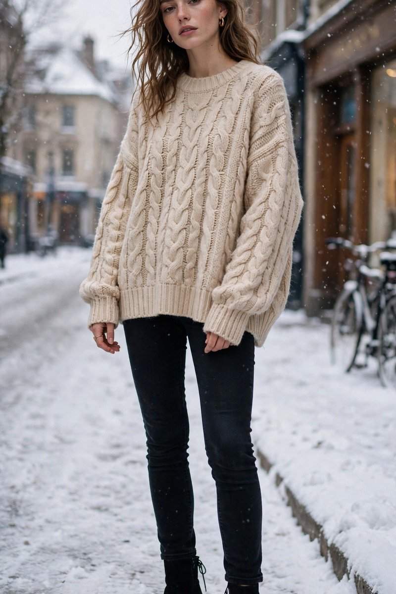 Woman in ankle boots, skinny jeans, and oversized sweater