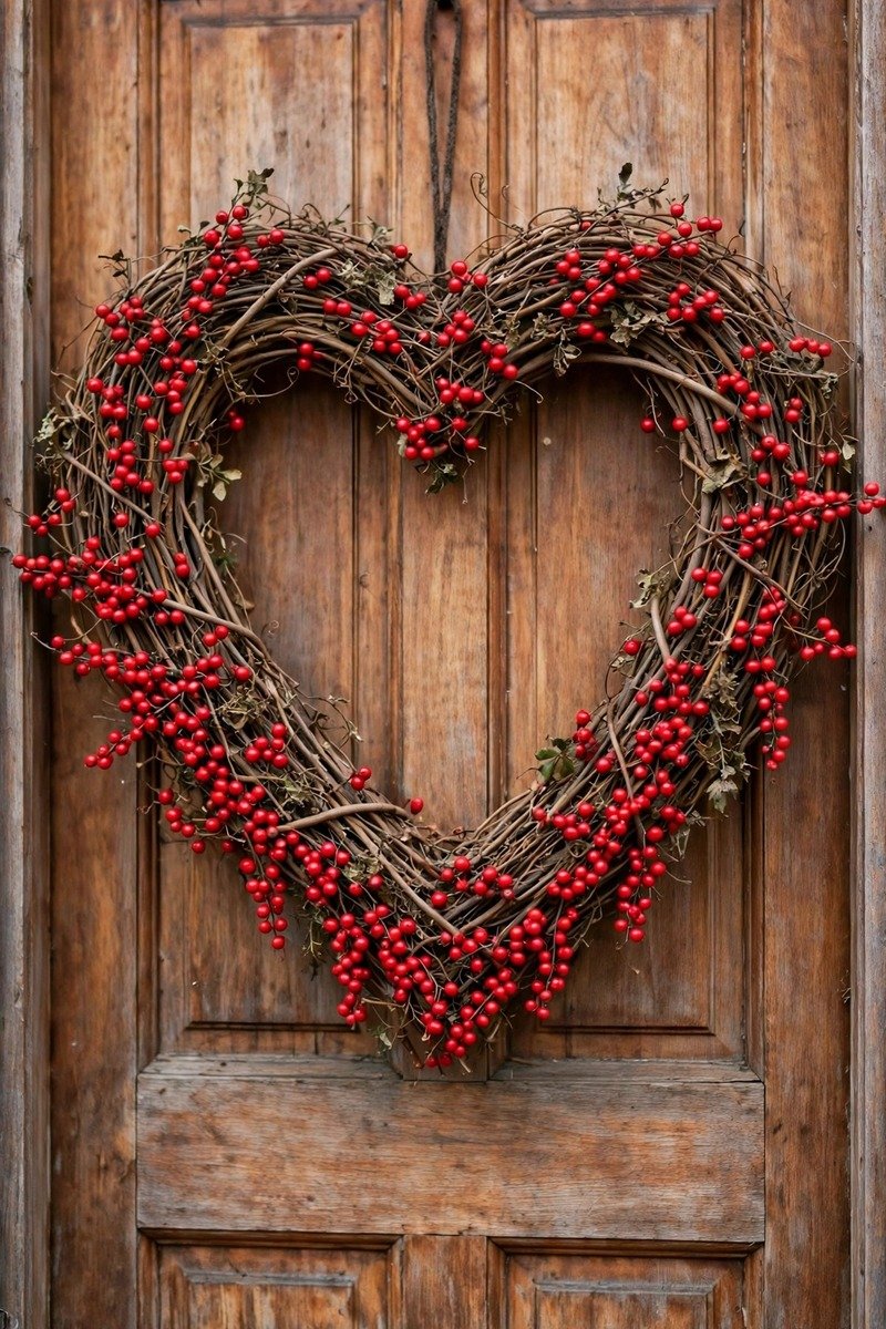 Red heart-shaped grapevine Valentine's wreath with berries
