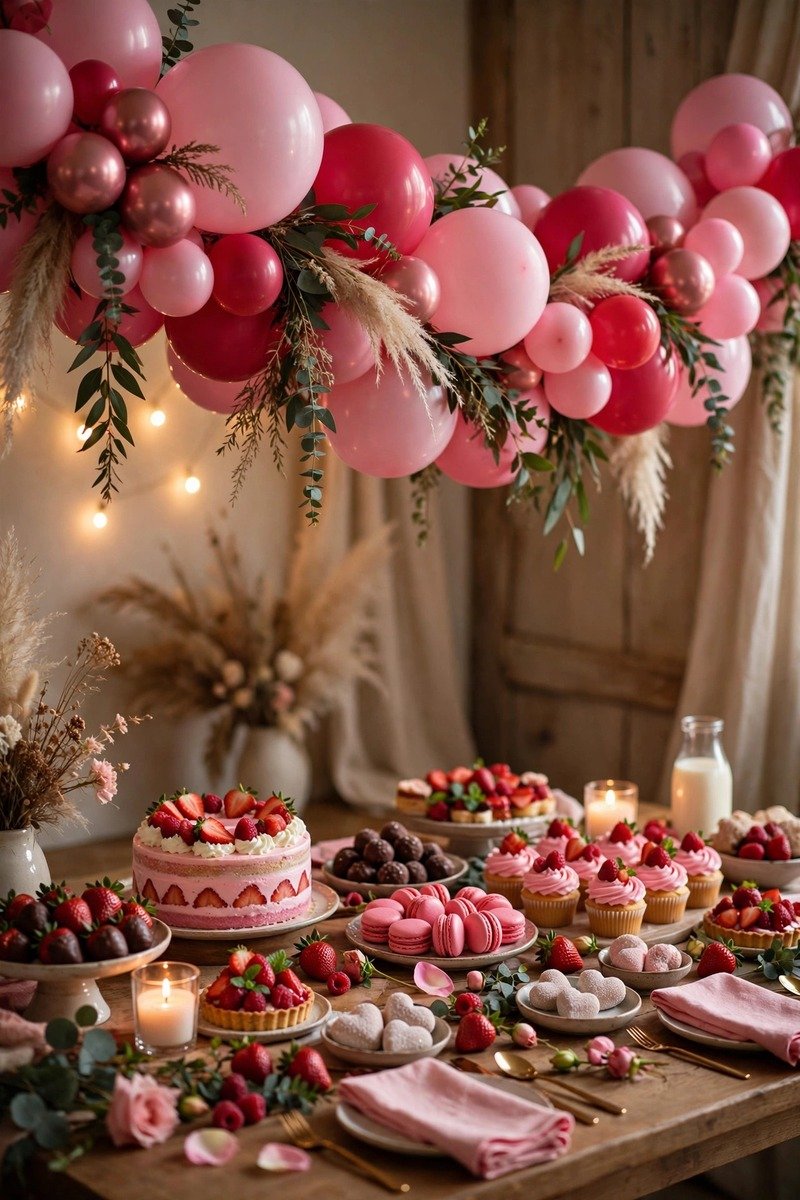 Pink and red balloon garland over a Galentine's party dessert table