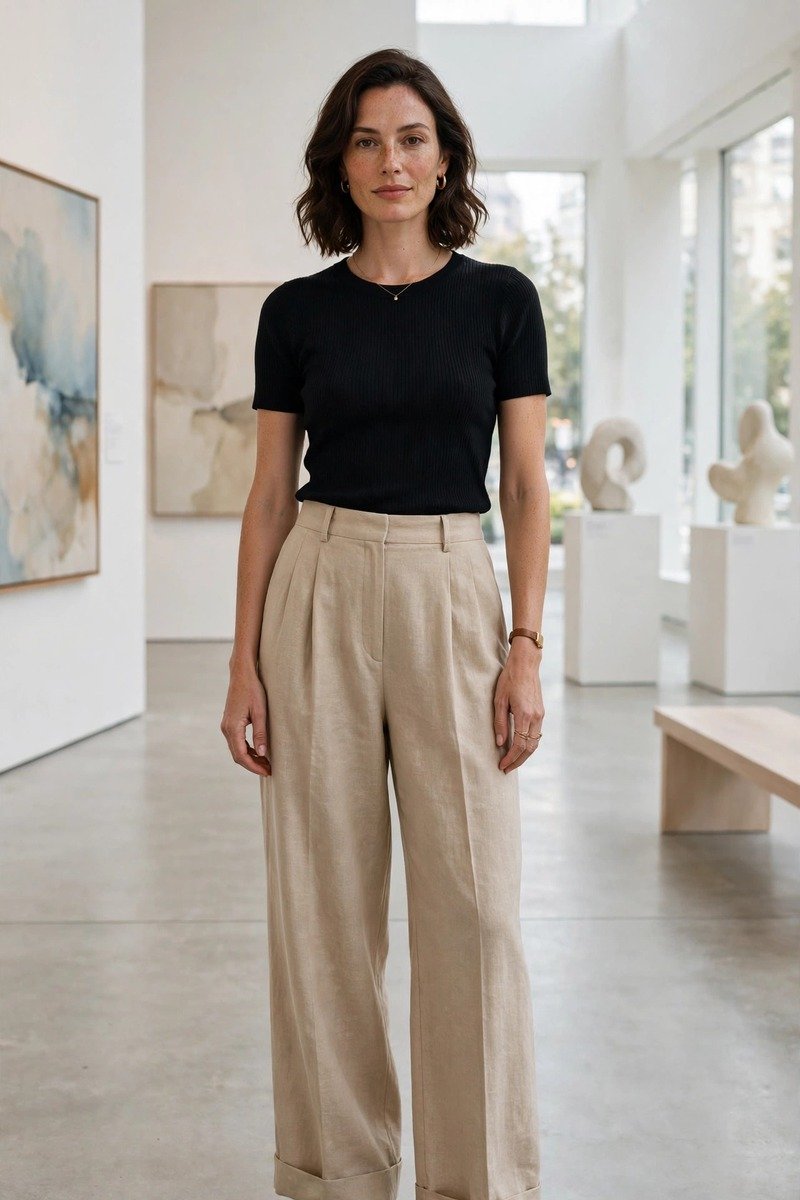 Woman in wide-leg trousers, fitted top, and loafers at a museum
