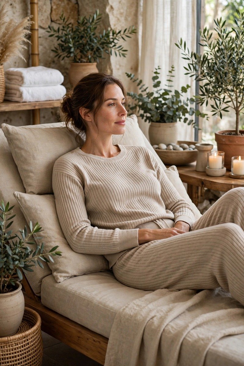 Woman in matching ribbed knit set at a spa