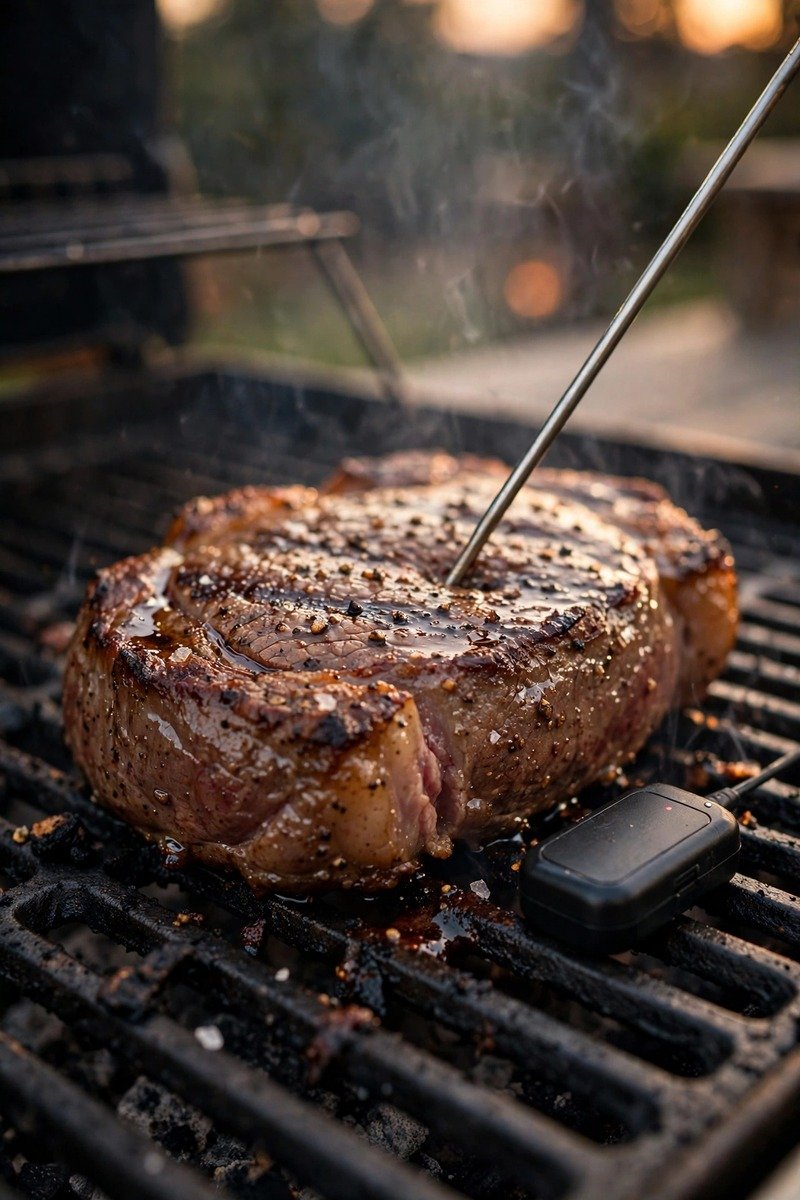 Wireless meat thermometer probe in a steak on a grill