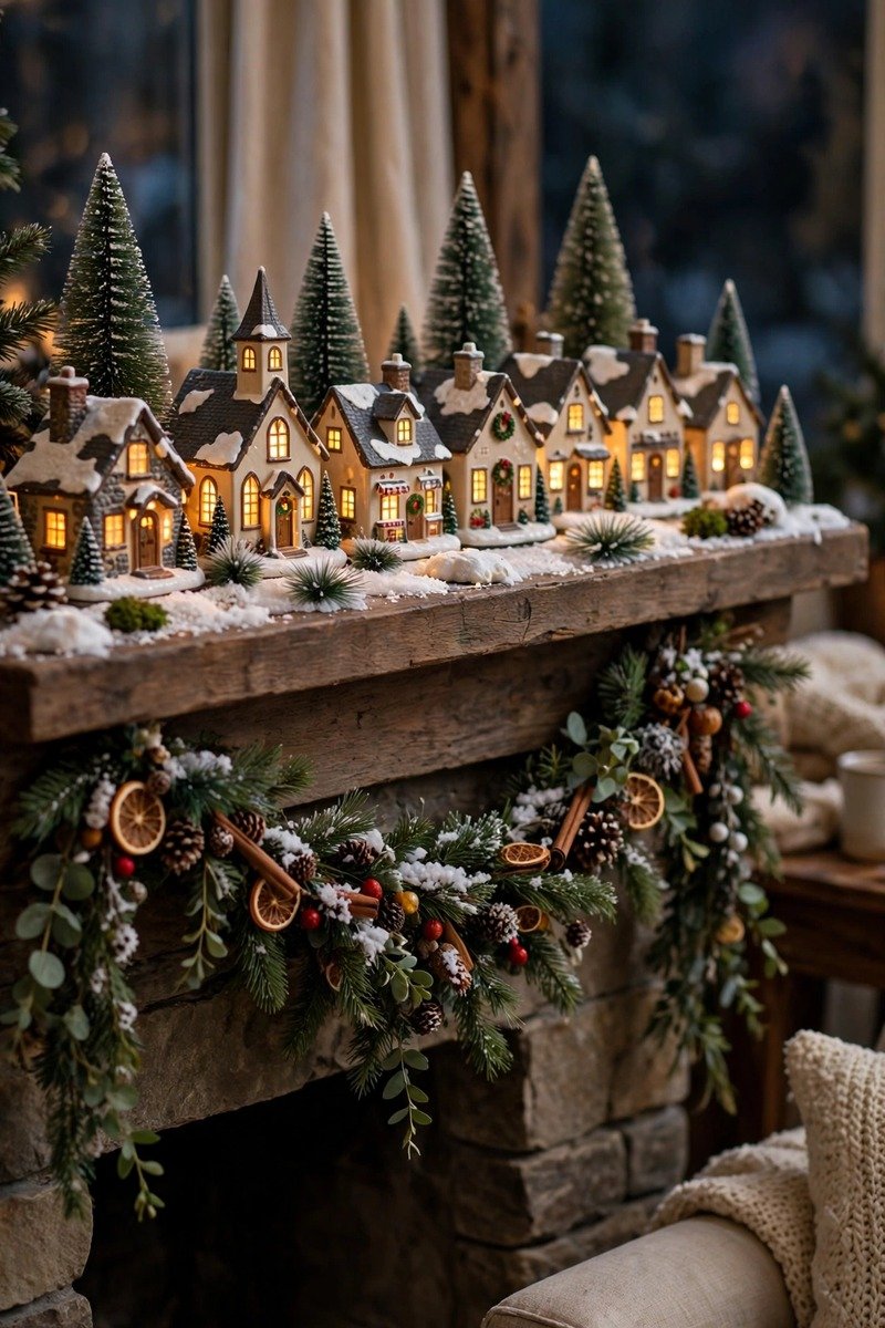 Christmas village display with lit miniature houses on a mantel