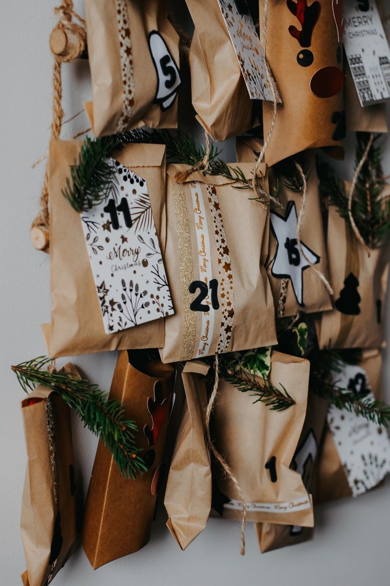 Numbered paper bags hanging on a string as an advent calendar