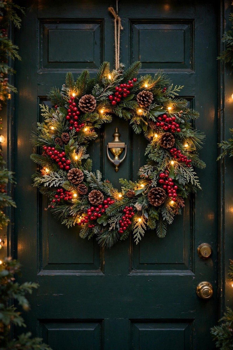 Classic red berry and pine Christmas wreath on a dark green front door