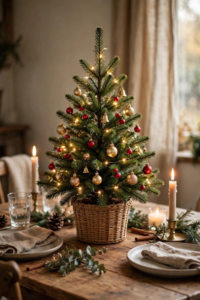 Small Christmas tree as a dining table centerpiece with warm lights
