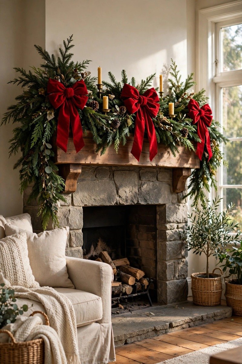 Christmas mantle with a full evergreen garland and red bows