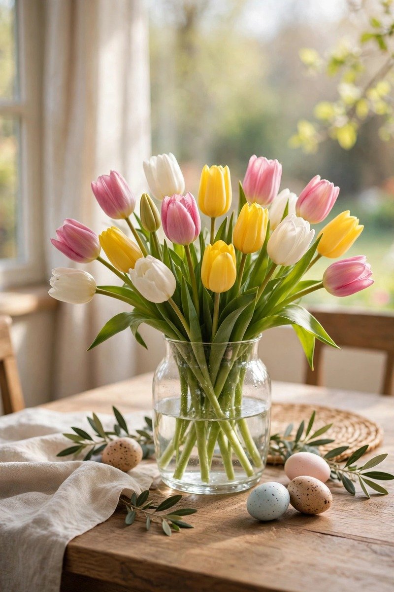Tulips in pink yellow and white in a glass vase centerpiece