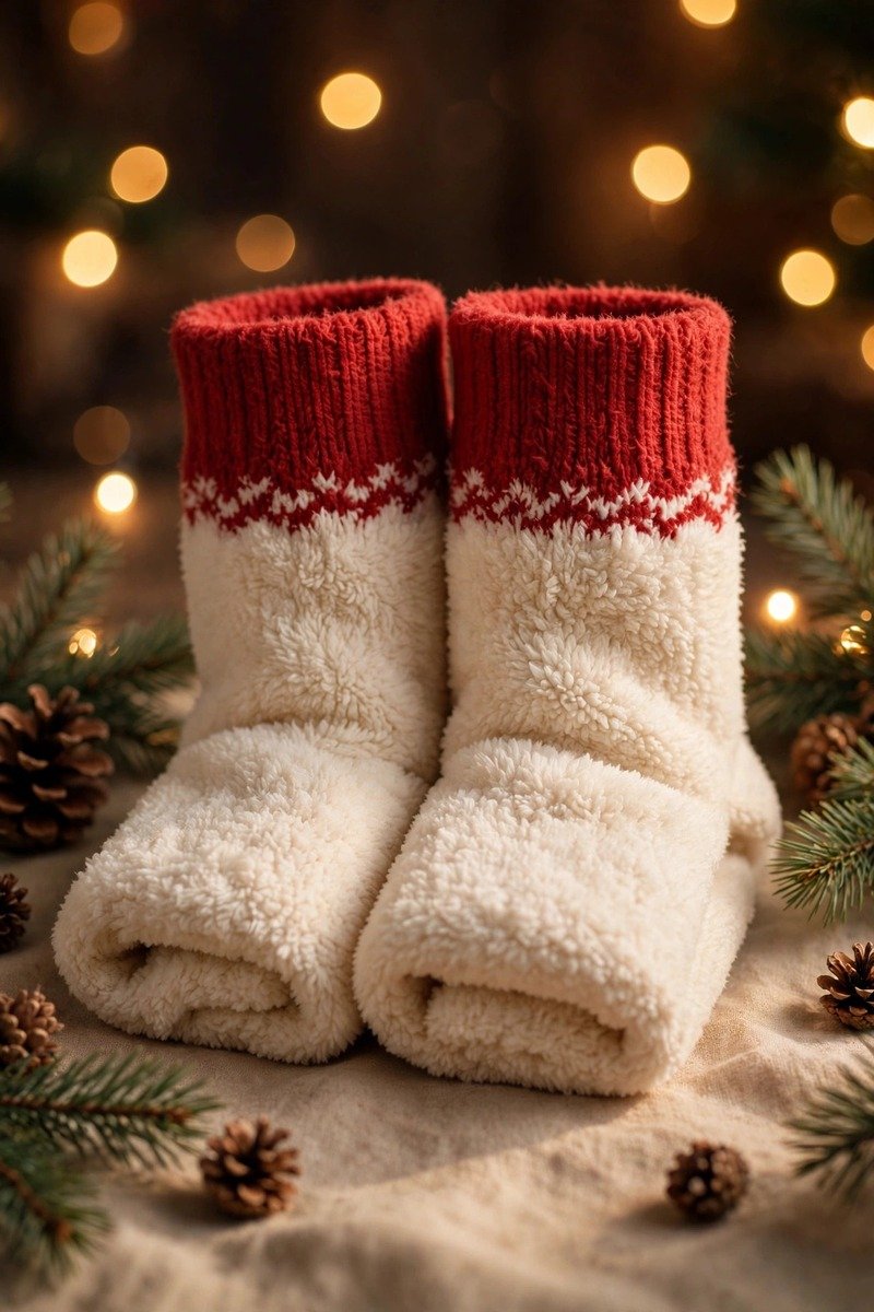 Cozy fuzzy cabin socks in cream and red, holiday styling