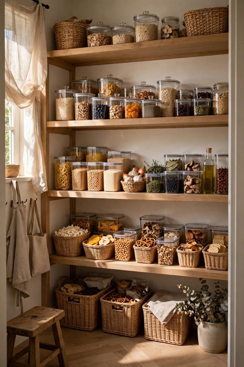 Organized pantry with shelves divided into meal zones