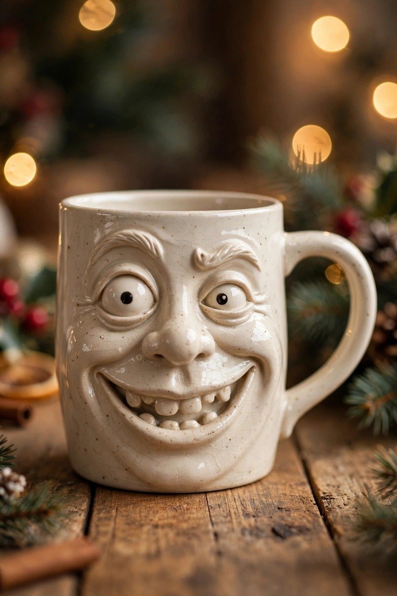 Funny-face ceramic coffee mug with quirky design