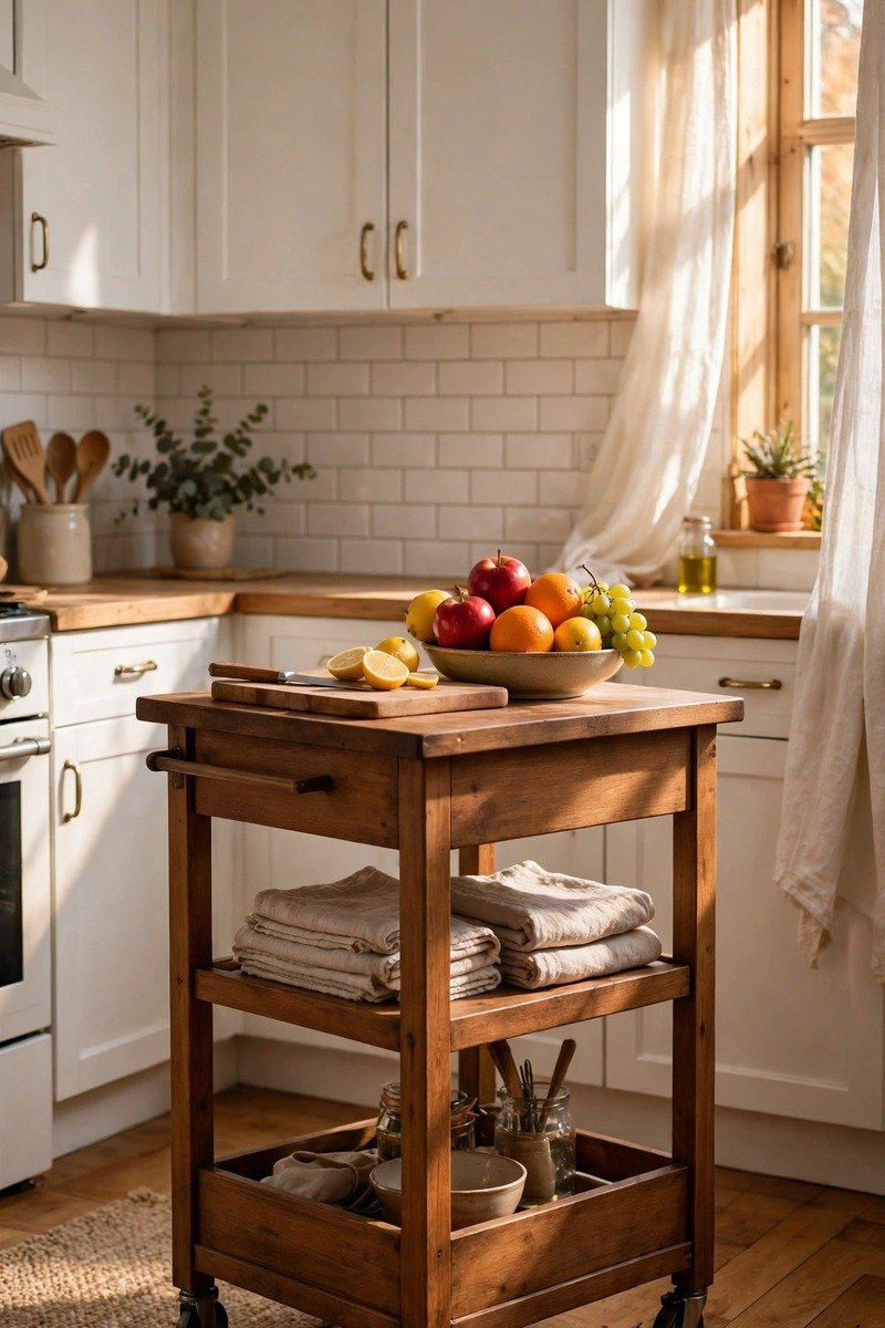 Rolling cart used as an island in a small kitchen
