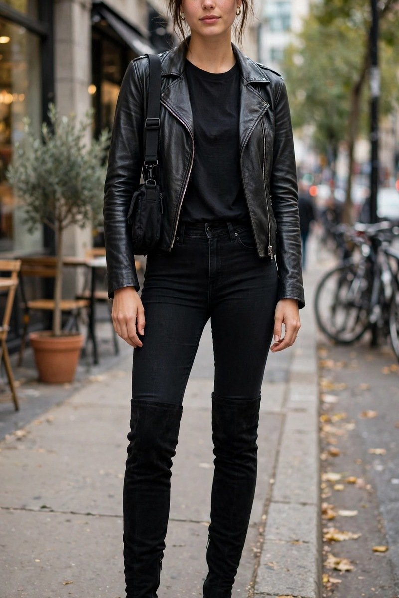 black skinny jeans tucked into tall black suede boots for a fall suede boots outfit