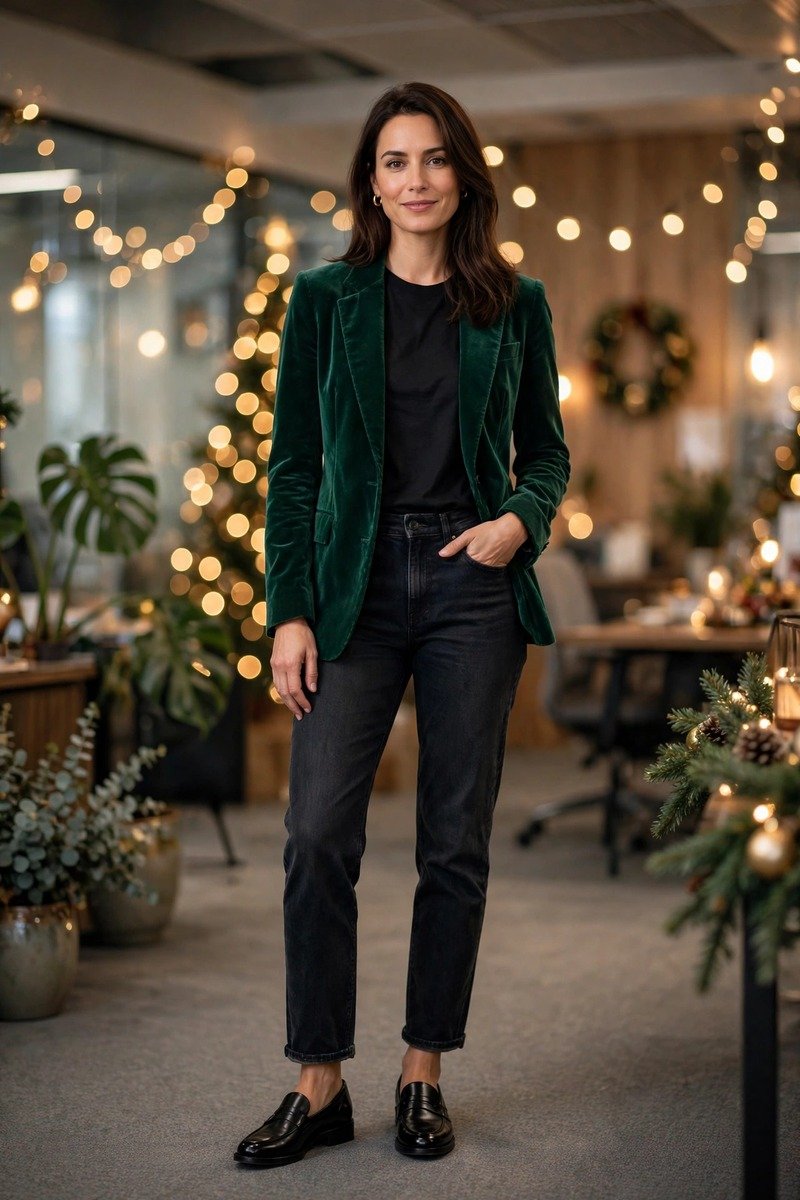 Christmas party outfits idea velvet blazer dark jeans