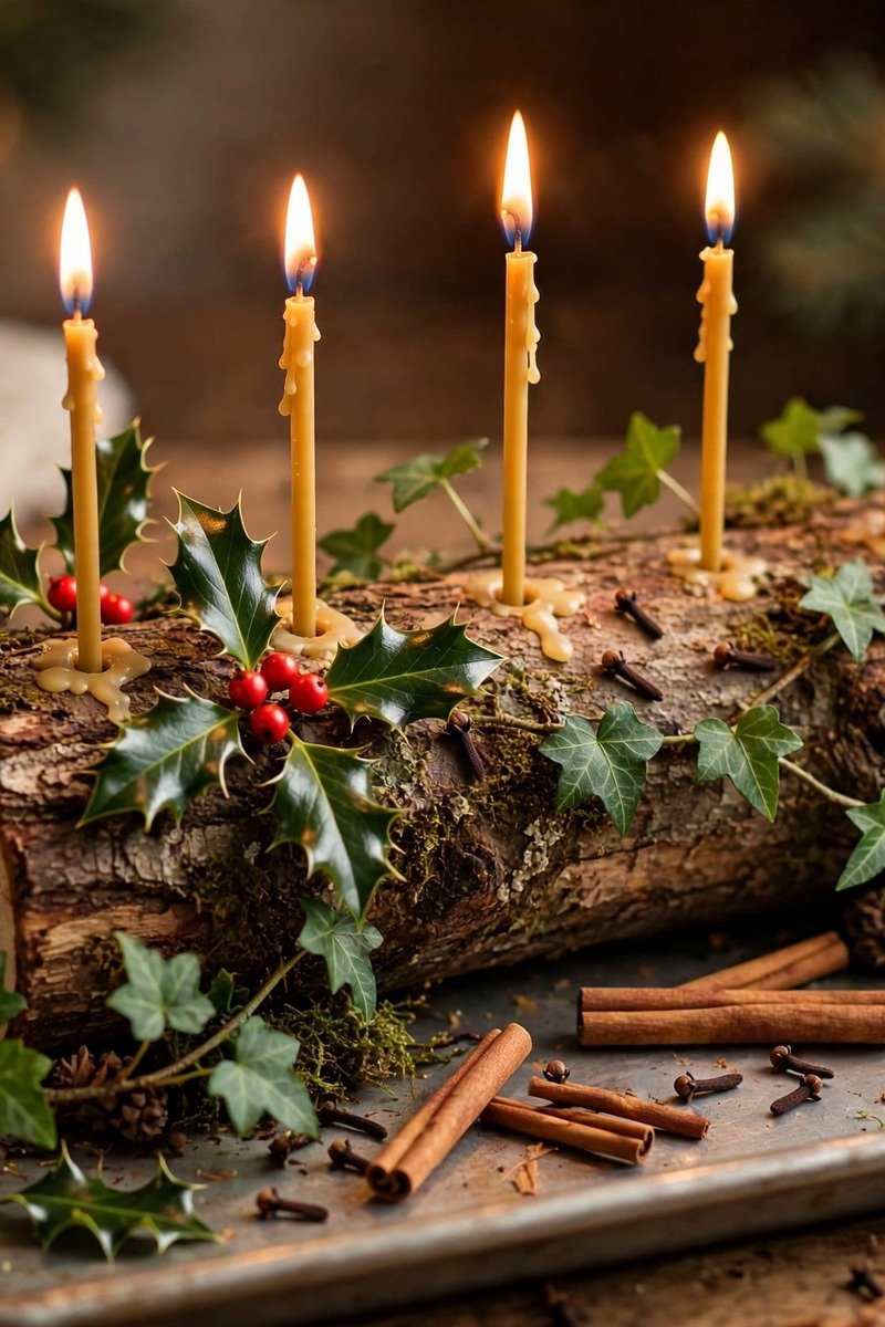 Yule crafts idea tabletop Yule log with candles