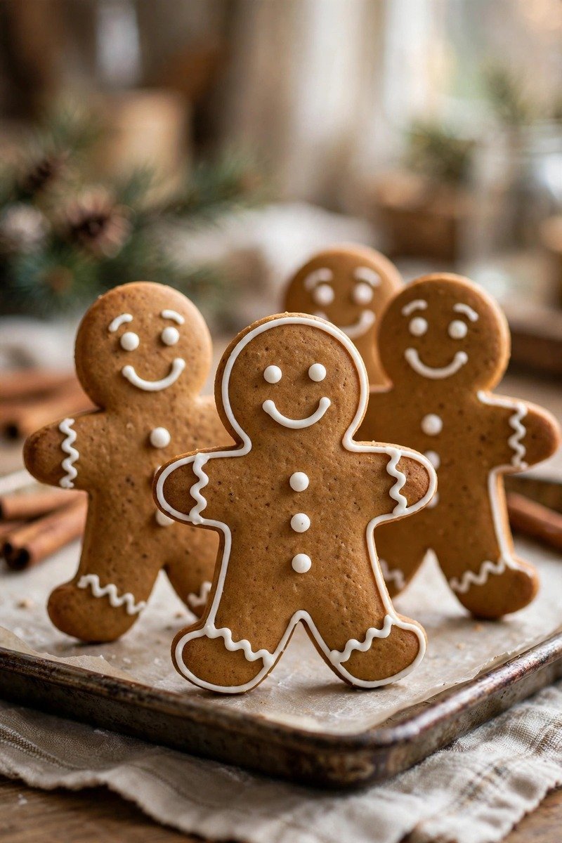 Smiling gingerbread men Christmas cookies with icing details