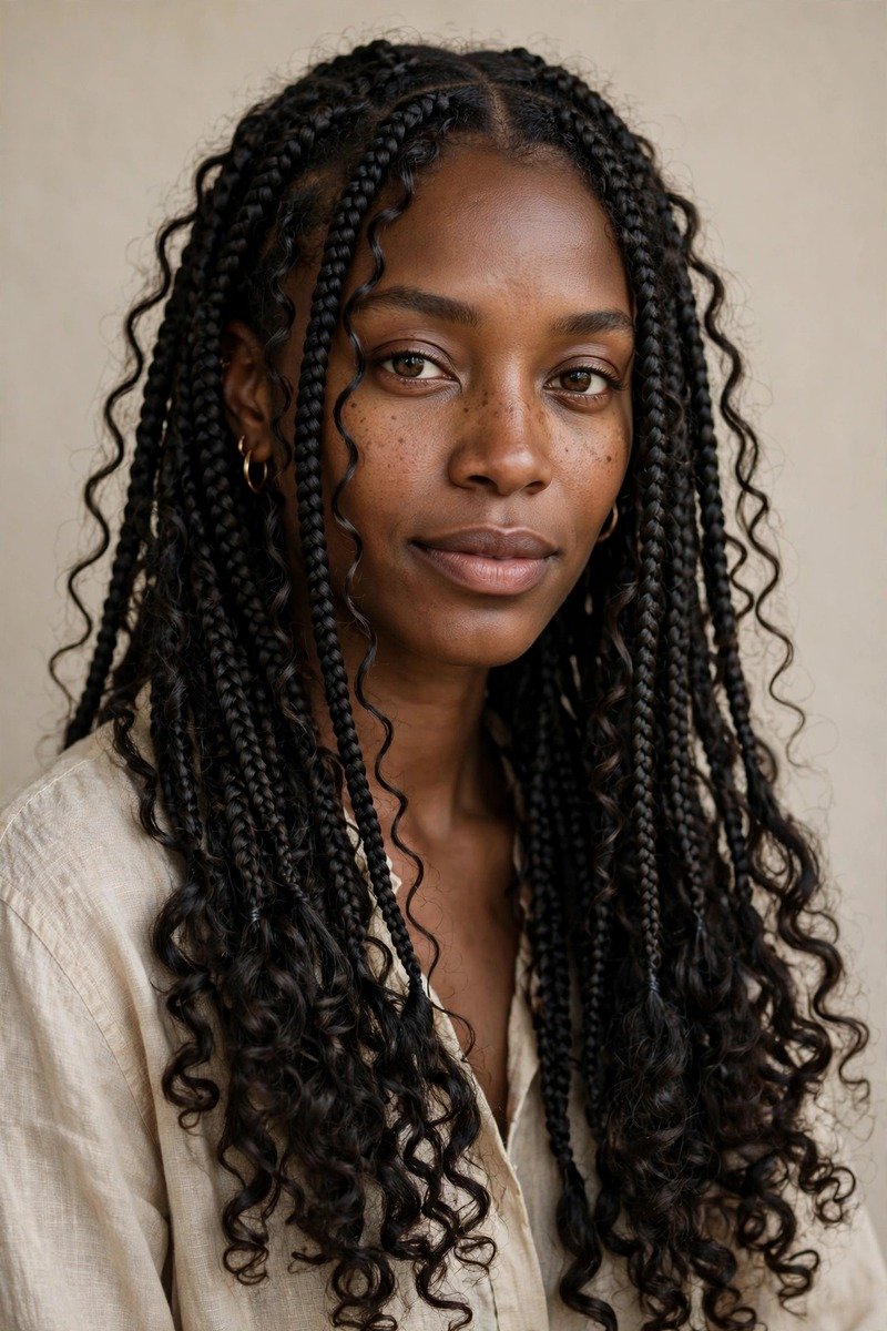 Boho knotless braids with loose curls