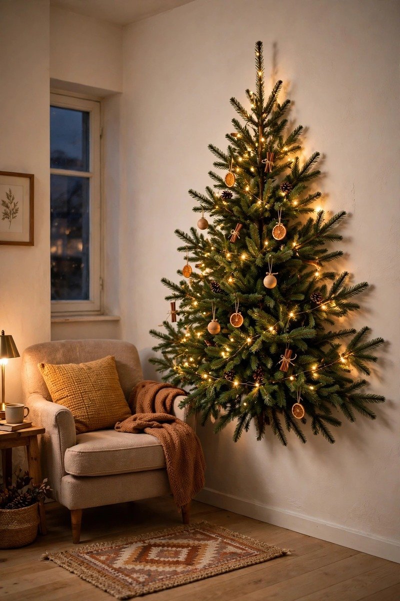 Flat back Christmas tree against a wall in a small room