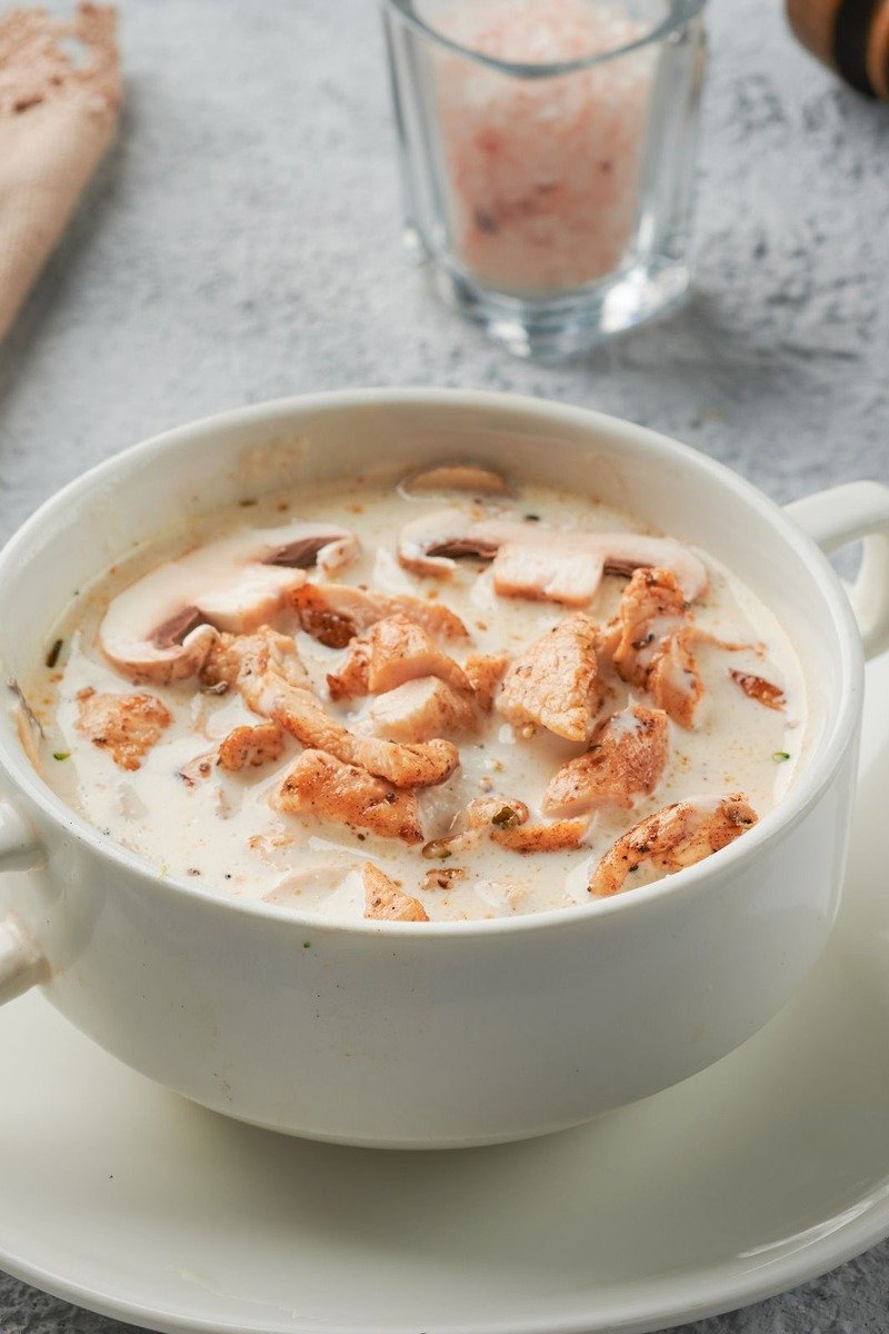 Creamy chicken and wild rice soup bowl