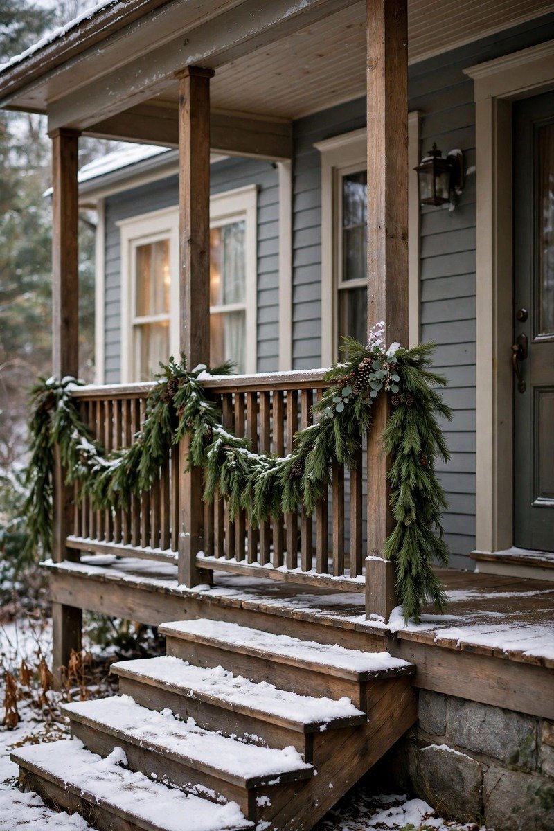 Pine garland draped along a porch railing