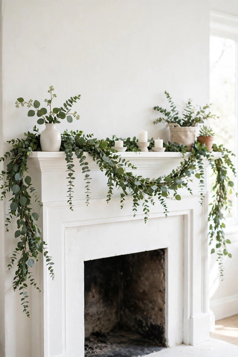 Eucalyptus garland draped along a mantel
