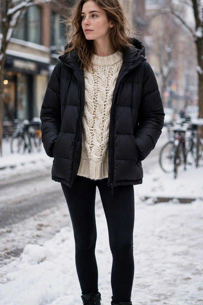 Black leggings with an oversized sweater and puffer jacket
