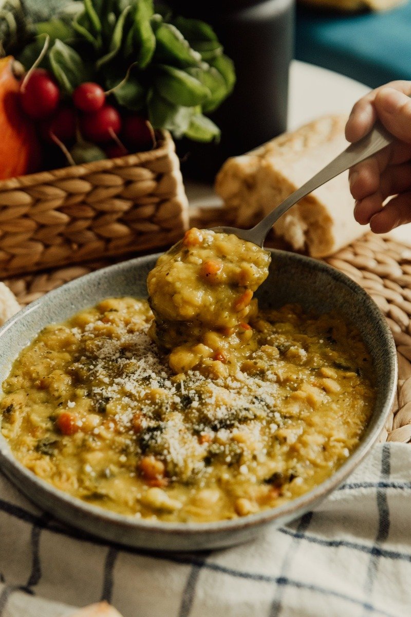 Lentil and vegetable soup in a pot