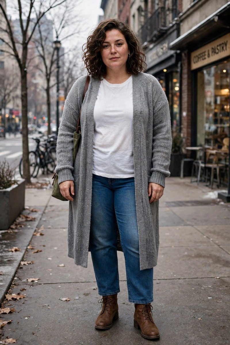 Longline cardigan over a white tee and jeans
