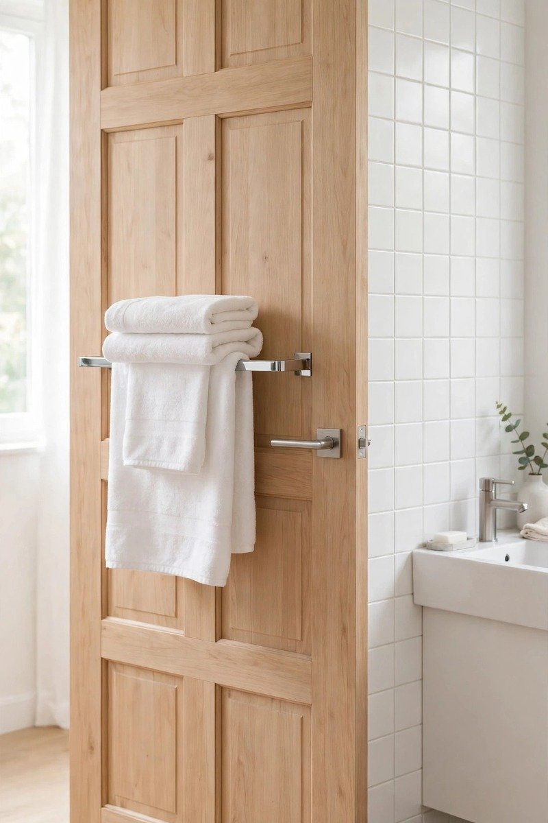 Towel bar mounted on the back of a bathroom door