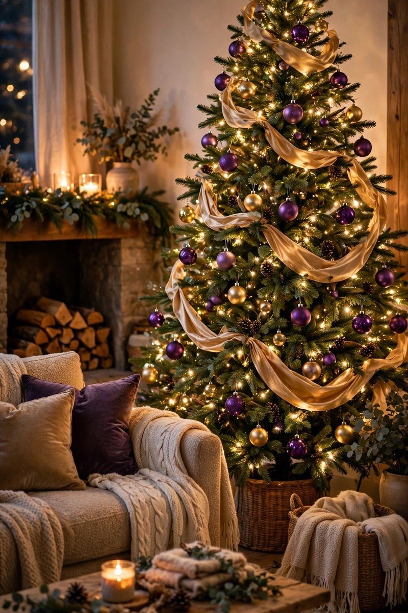 Purple Christmas tree decorated with gold ornaments and ribbon, warm lights