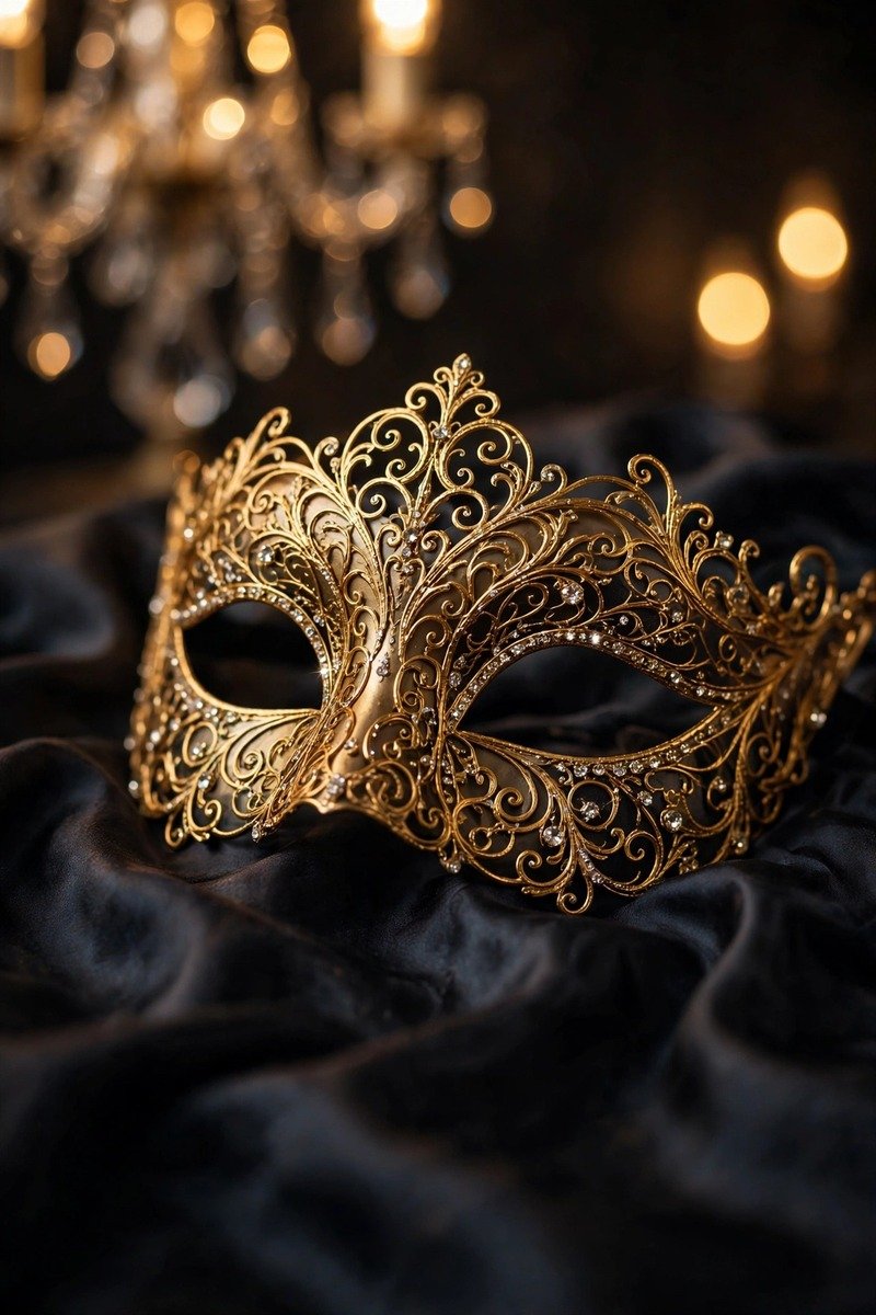 Gold filigree metal masquerade mask with ornate scrollwork