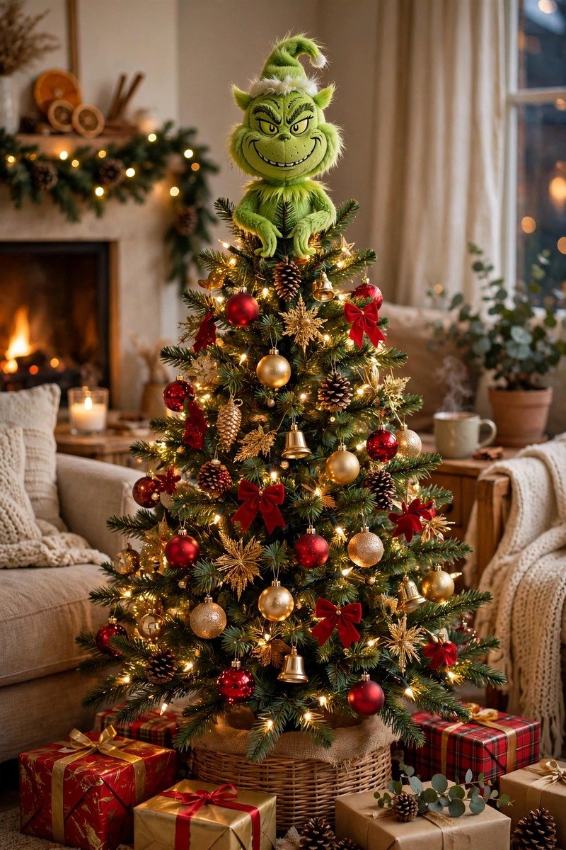 Wooden sign reading Merry Grinchmas in green and red letters
