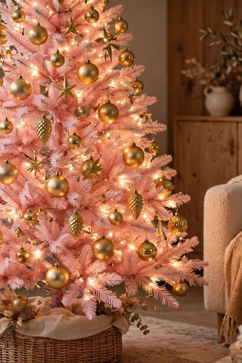 Pink Christmas tree decorated with gold ornaments and warm white lights