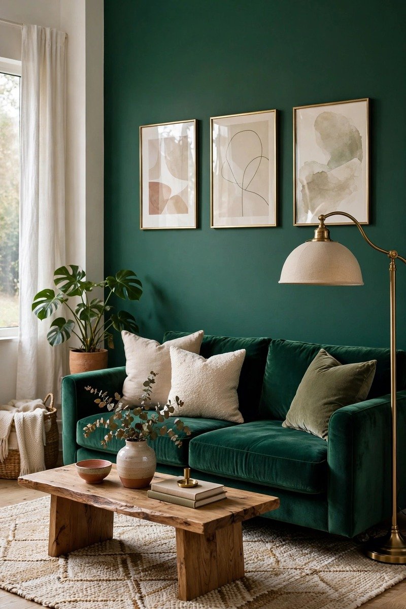 Living room with a bold deep green accent wall behind a neutral sofa
