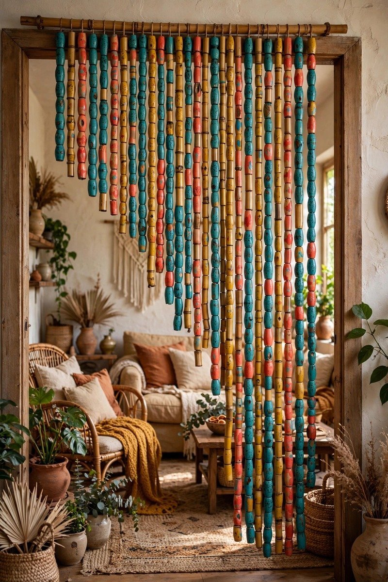 Bamboo beaded curtain with hand-painted colorful beads in turquoise and coral